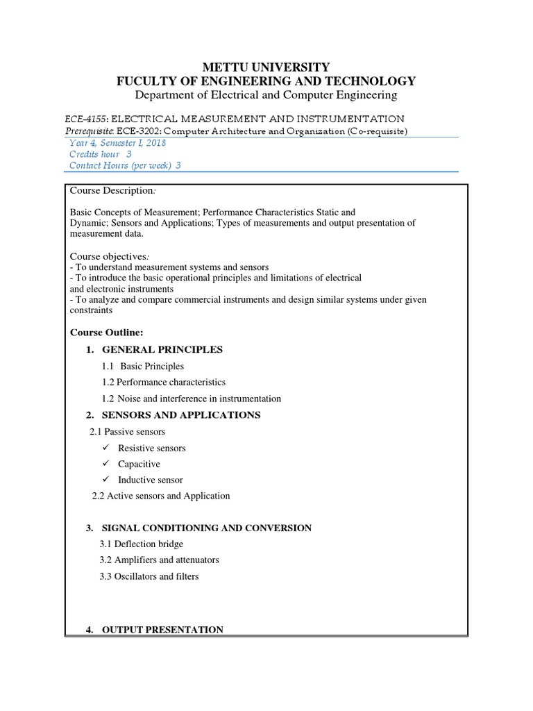 Instrumentation Course Outline PDF Instrumentation Sensor