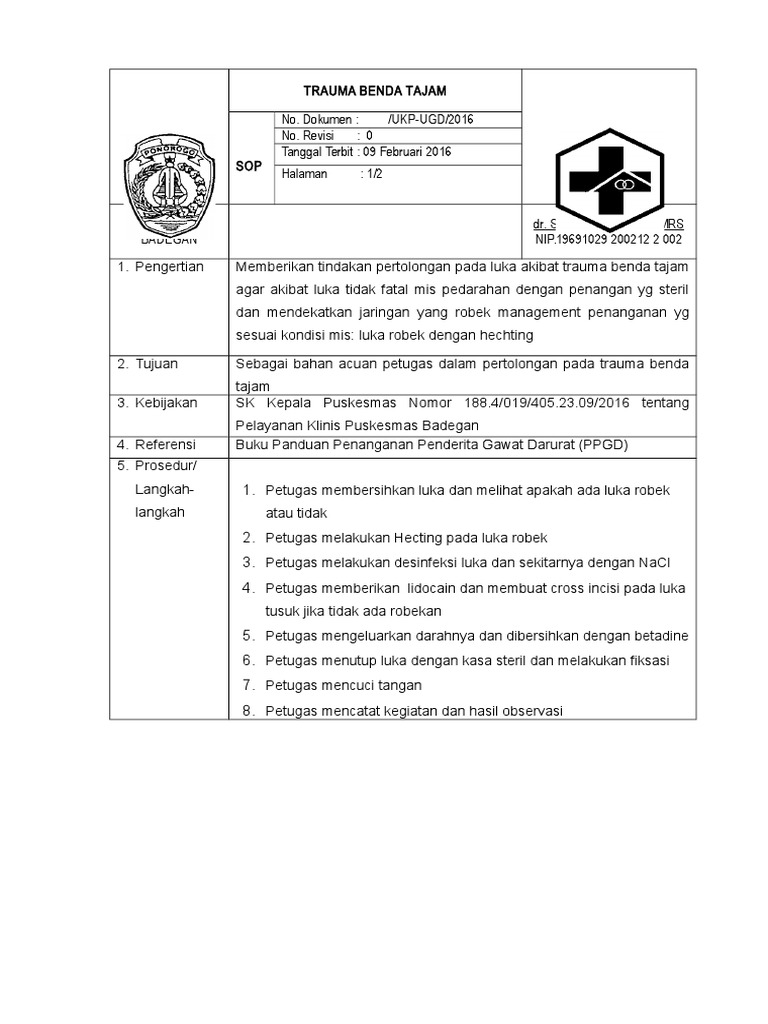 Sop Trauma Bedah Tajam | PDF