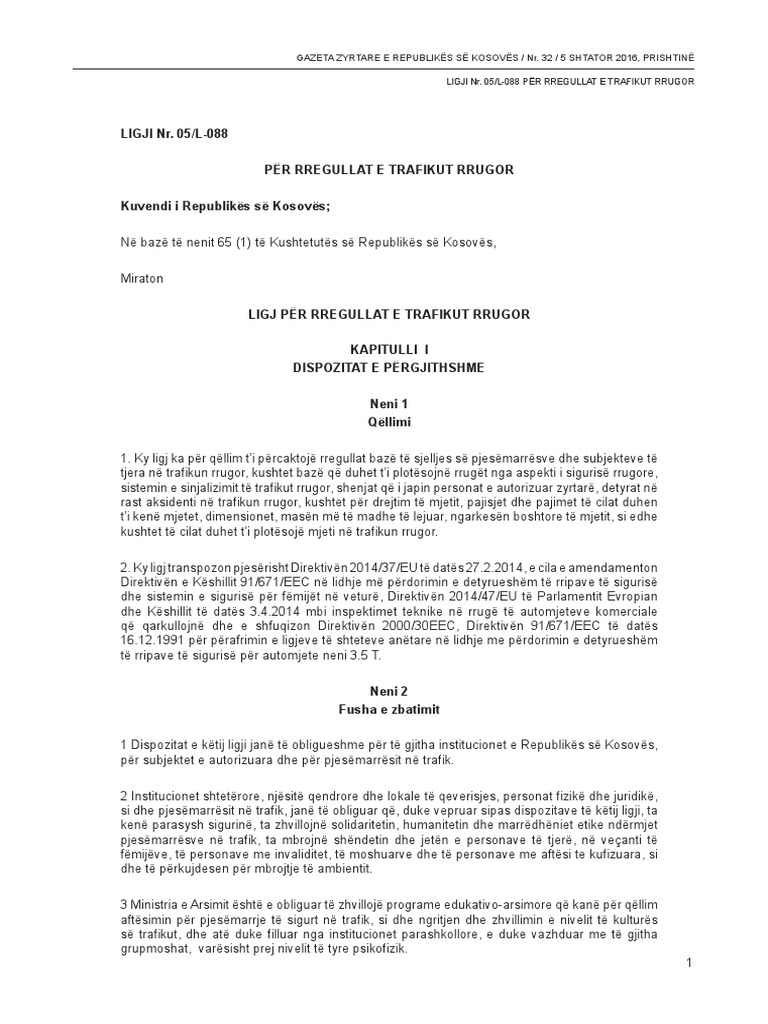 Ligji Nr. 05 L-088 Për Rregullat e Trafikut Rrugor PDF | PDF