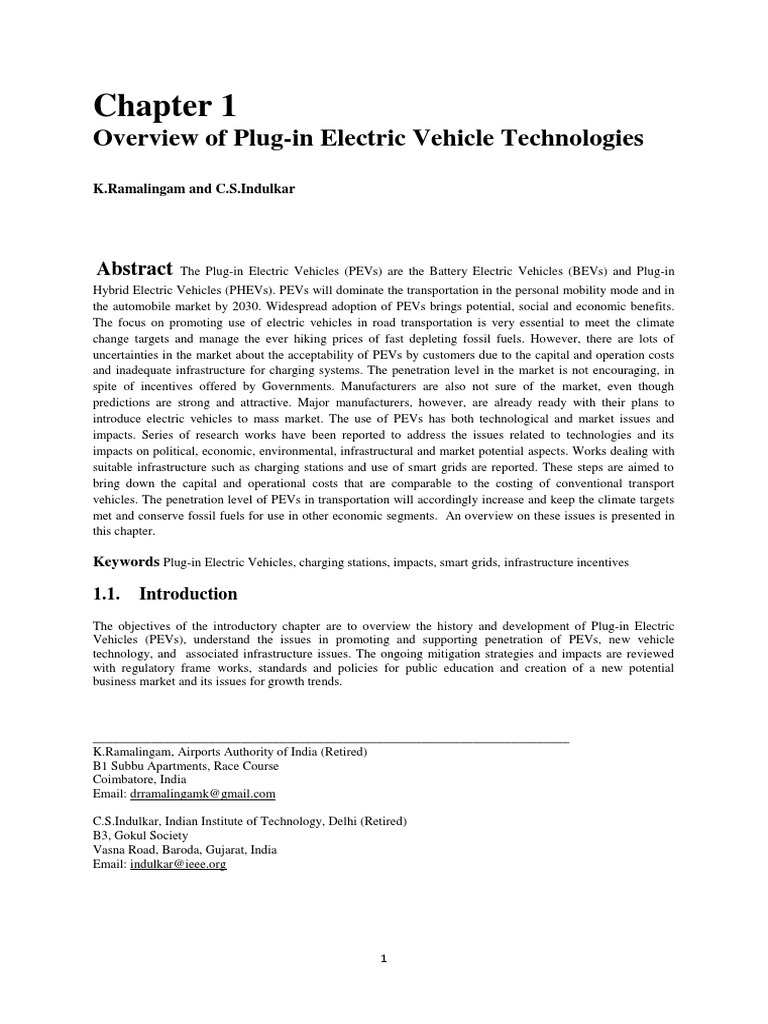 Overview of Plug-In Electric Vehicle Technologies: K.Ramalingam and C.S ...