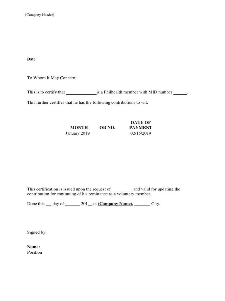 Philhealth Contribution Certificate Format PDF