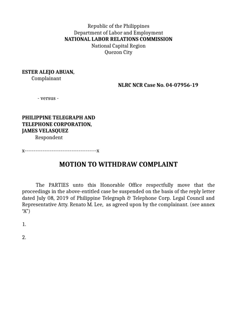 Motion to Withdraw NLRC Complaint | PDF