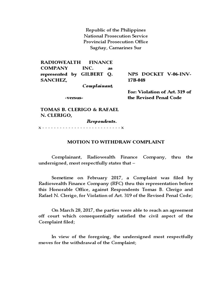 Motion to Withdraw Complaint in Case | PDF