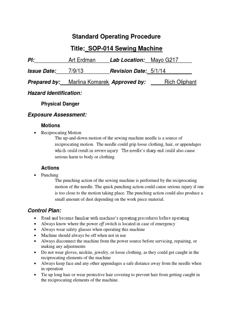 Standard Operating Procedure for Safe Sewing Machine Use Preventing