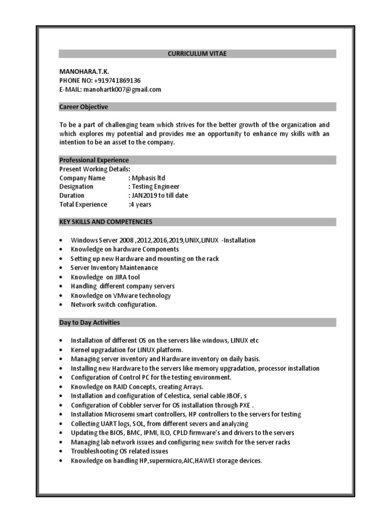 Manohara Profile Lab Support Engineer PDF Operating System Linux