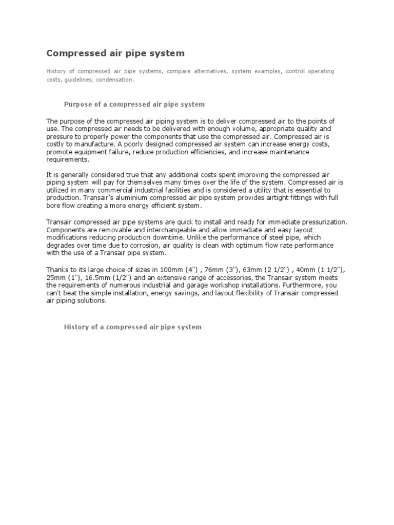 Compressed Air Pipe System PDF Pipe (Fluid Conveyance) Engines