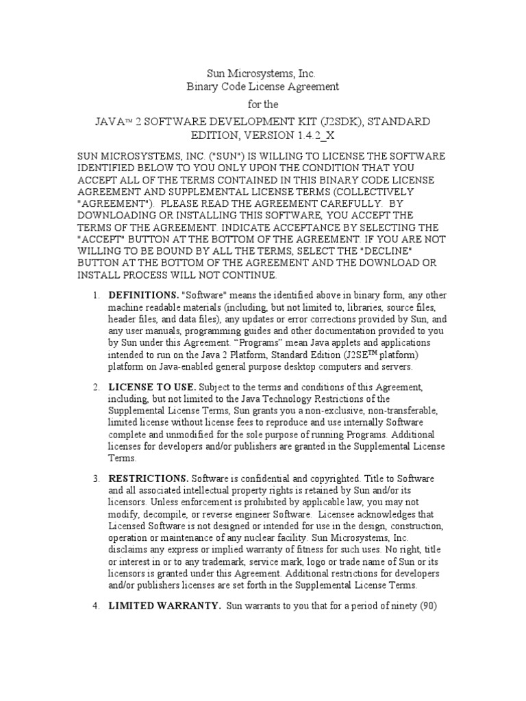 Sun Microsystems, Inc. Binary Code License Agreement For The Java 2 ...