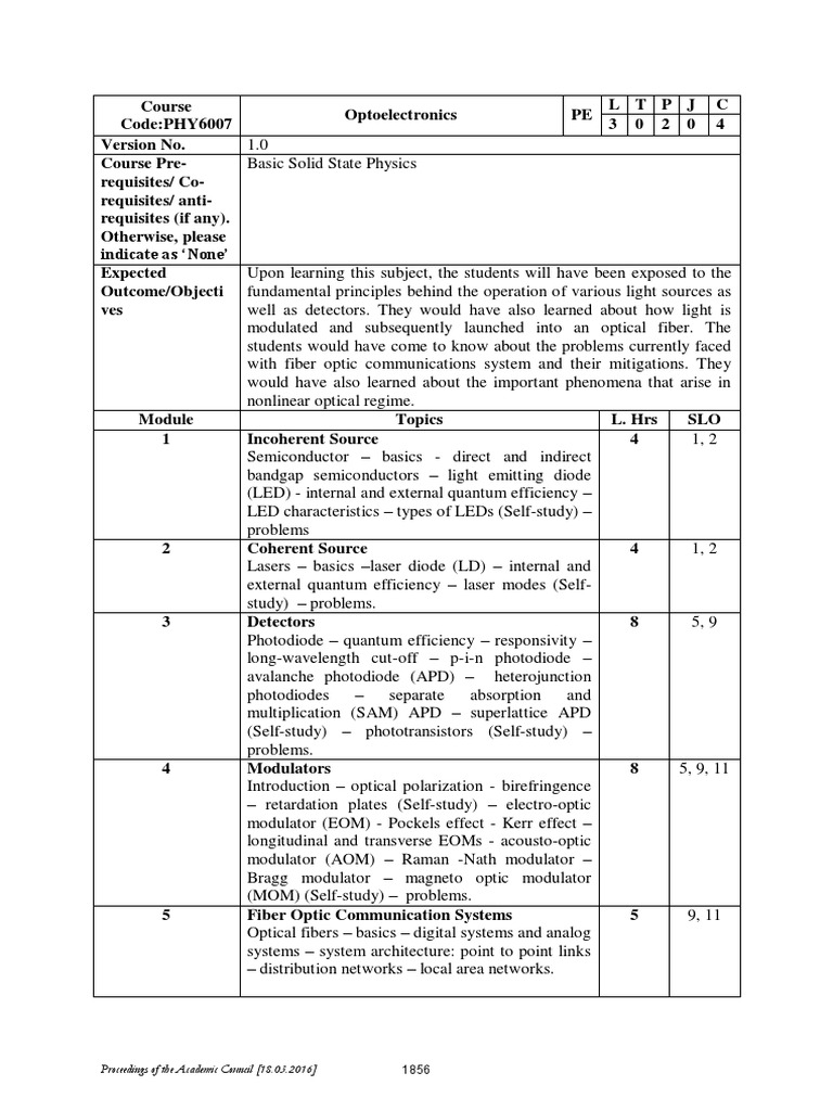PHY6007 Optoelectronics PDF Optics Optical Fiber