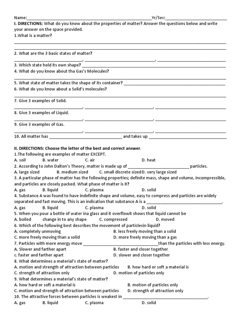 I. DIRECTIONS: What Do You Know About The Properties of Matter? Answer ...