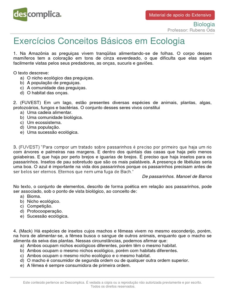Exercicios de Ecologia | PDF | Ecologia | Ecossistema