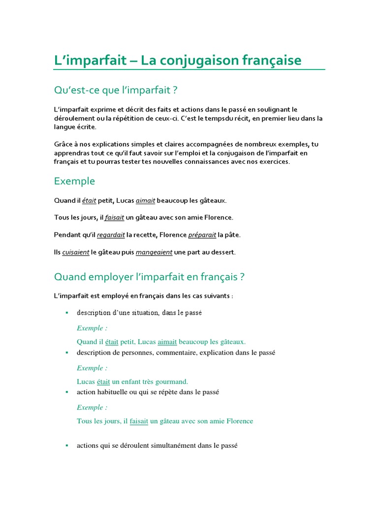 Imparfait Pdf Nombre Grammatical Verbe