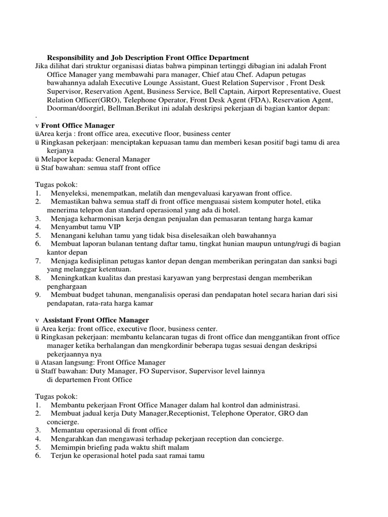 Responsibility and Job Description Front Office Department PDF