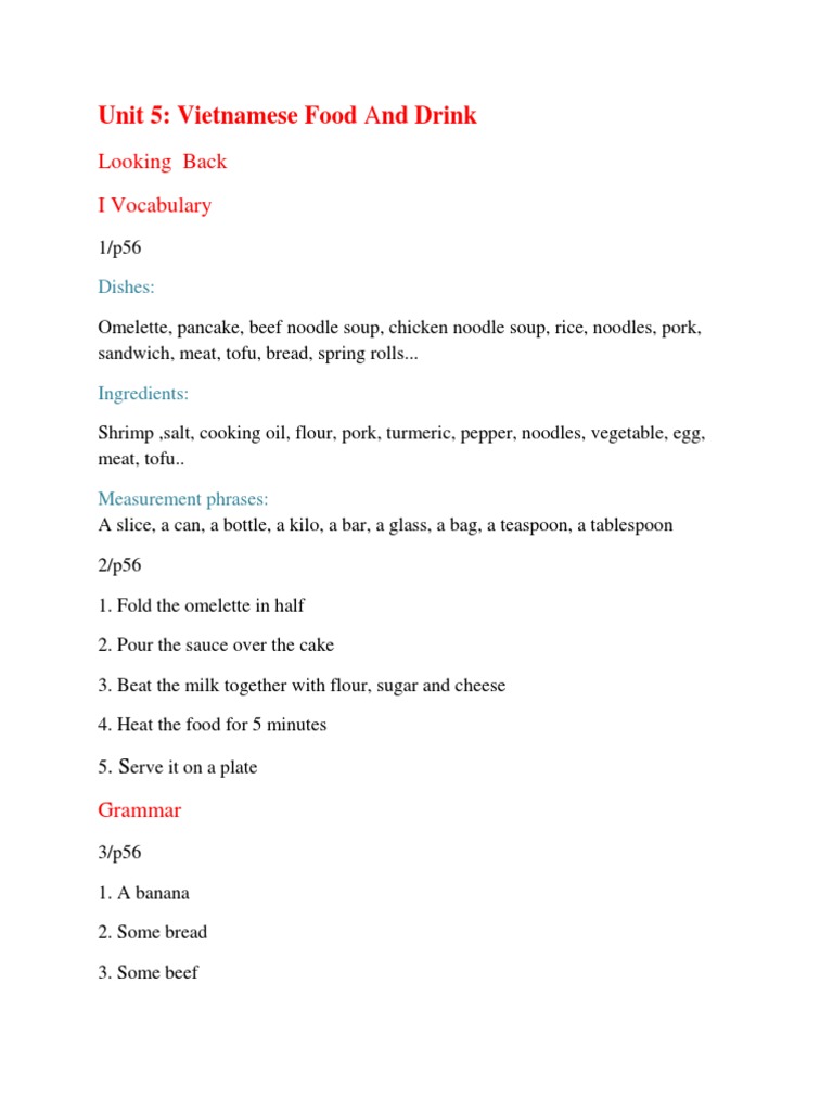 Unit 5: Vietnamese Food and Drink: Looking Back I Vocabulary | PDF