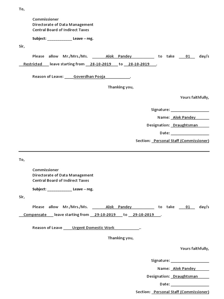Casual Leave Application for Alok Pandey | PDF