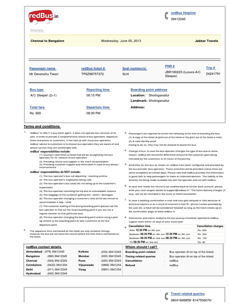 redBus Customer Care and Support Info | PDF | Ticket (Admission) | Bus