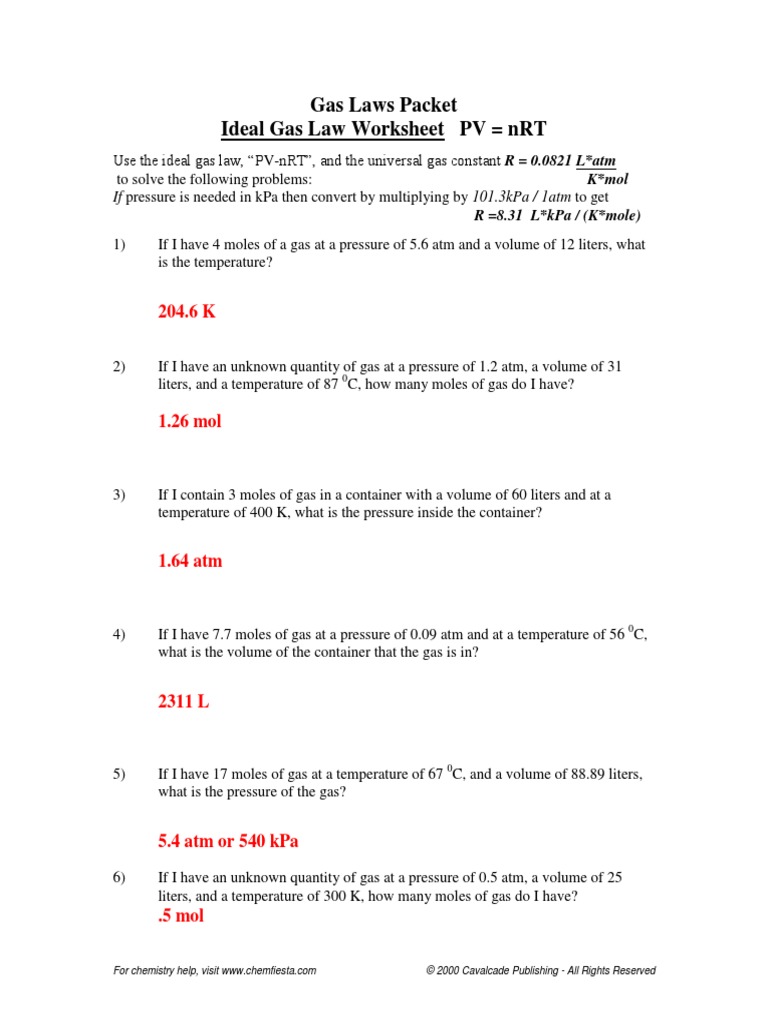 Gas Laws Packet Ideal Gas Law Worksheet PV NRT | PDF | Gases | Mole (Unit)