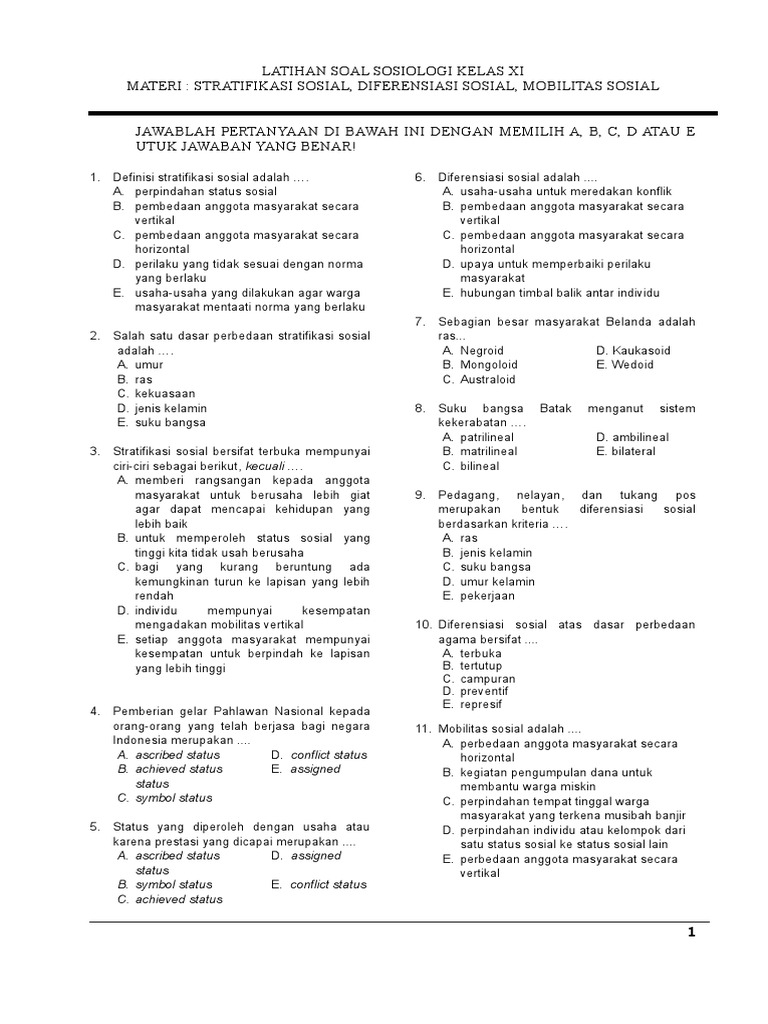 Latihan Soal Stratifikasi Sosial Diferensiasi Sosial Mobilitas Sosial 1 Pdf