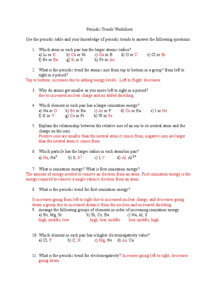 Periodic Trends Worksheet 1 Answers Ion Atoms