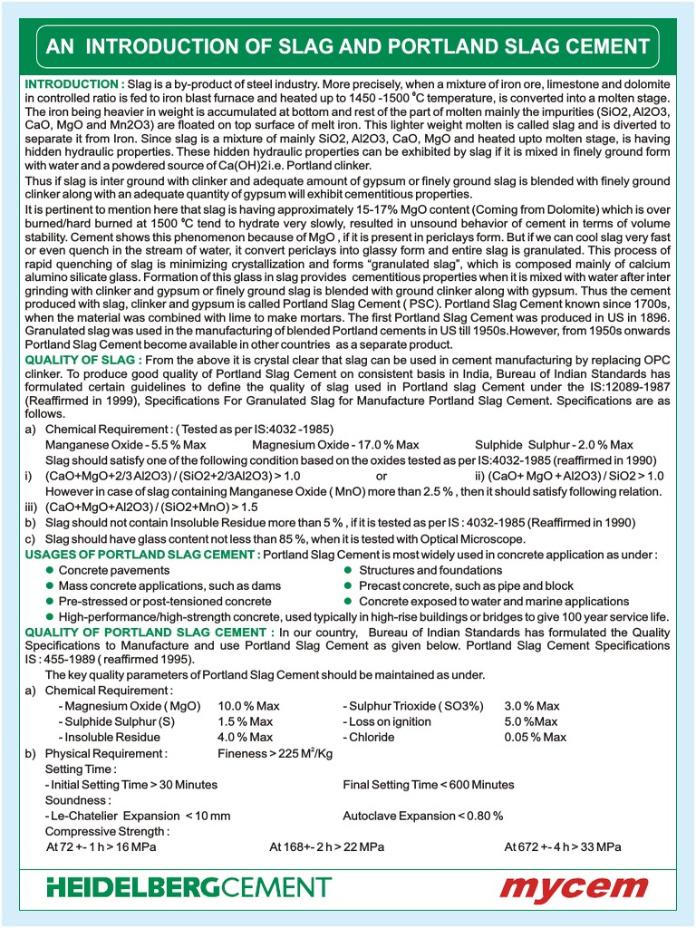 GGBS-Intro of Slag & Portland Slag Cement | PDF | Concrete | Cement