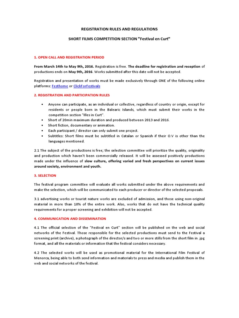 Registration Rules and Regulations Short Films Competition Section "Festival en Curt" PDF