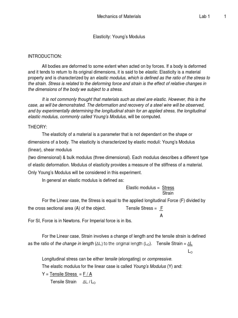 Young's Modulus Experiment Overview | PDF | Young's Modulus ...