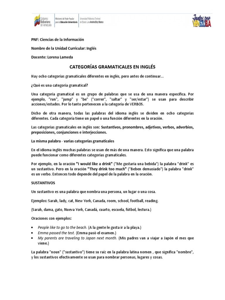 Categorias Gramaticales En Ingles Pdf Adverbio Sustantivo