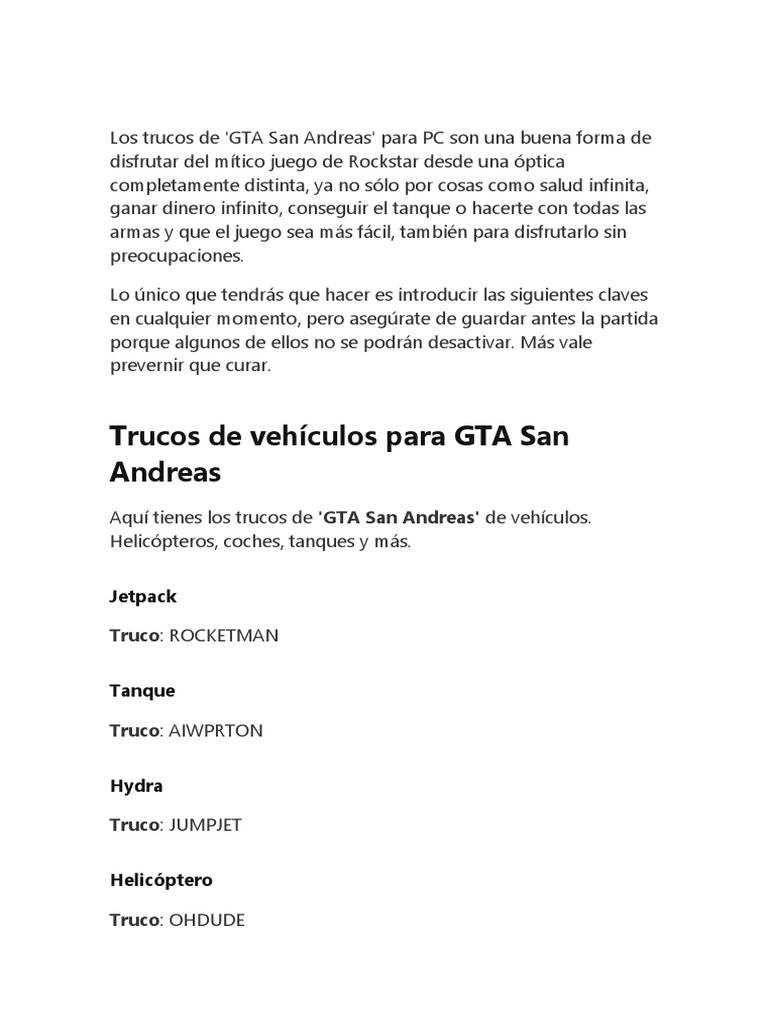 Trucos y claves para GTA San Andreas PC | PDF | Ocio | Deportes
