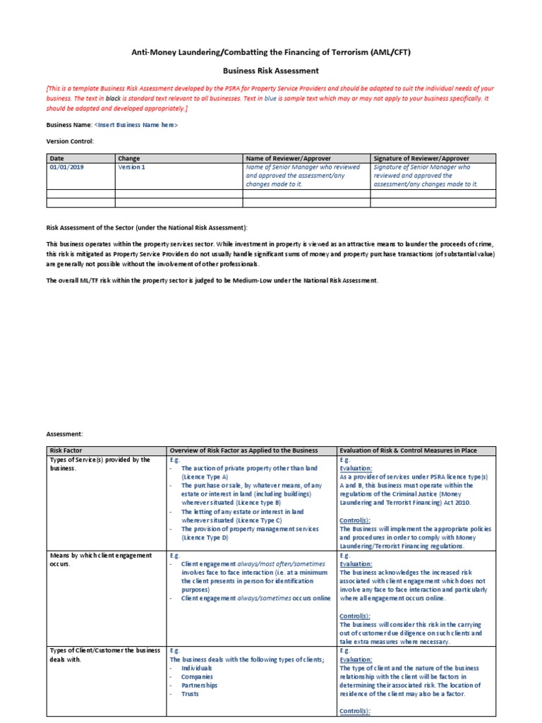 Business Risk Assessment Template PDF Money Laundering