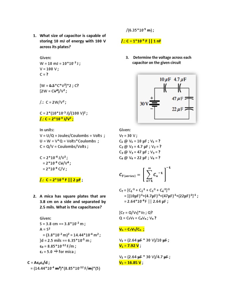 Capacitor Calculation Examples | PDF | Volt | Capacitor