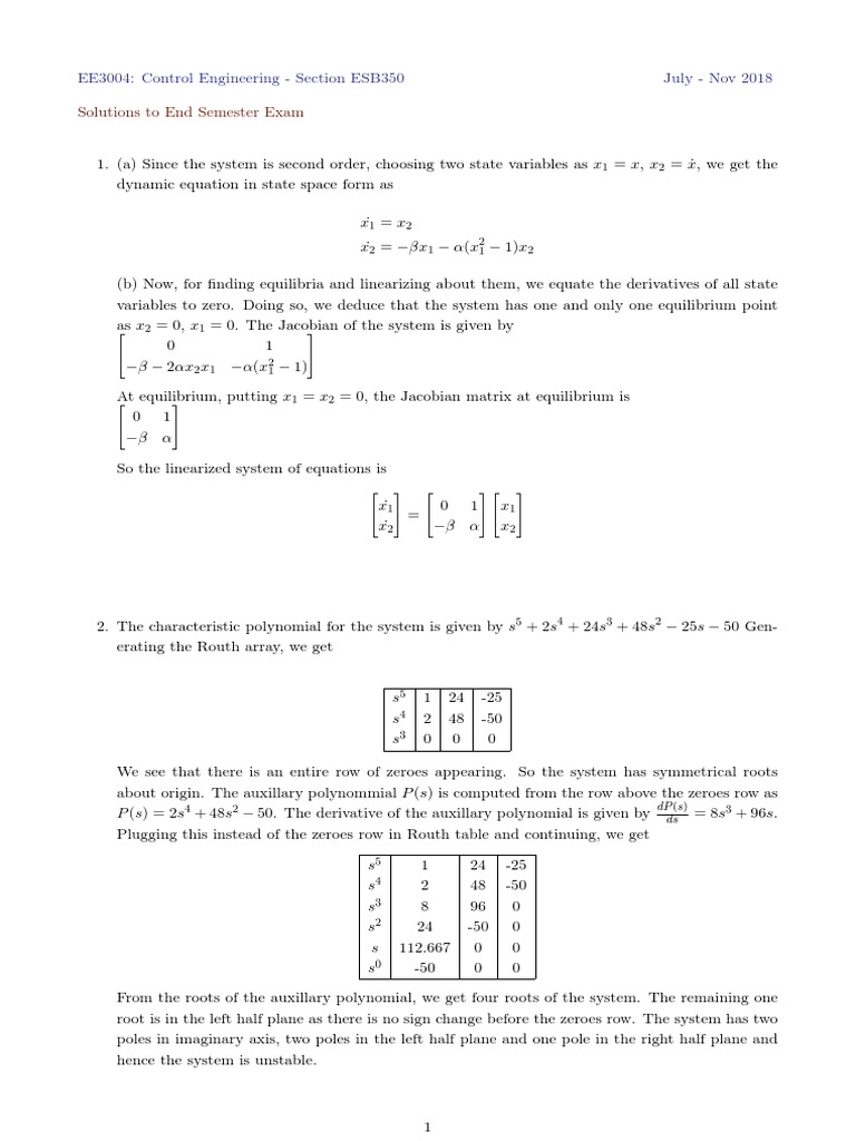 Final End Sem Solution-2018 | PDF | Control Theory | Zero Of A Function