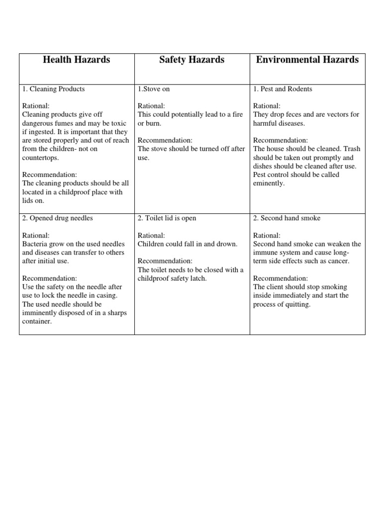 Health Hazards Safety Hazards Environmental Hazards | PDF