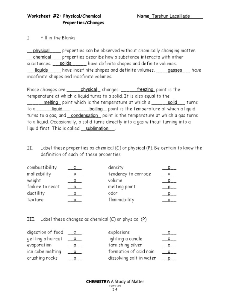 Chemistry properties worksheet answer key