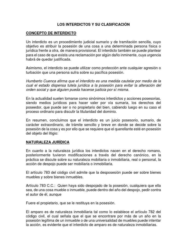 Clasificación de Interdictos Judiciales | PDF | Posesión (Ley ...