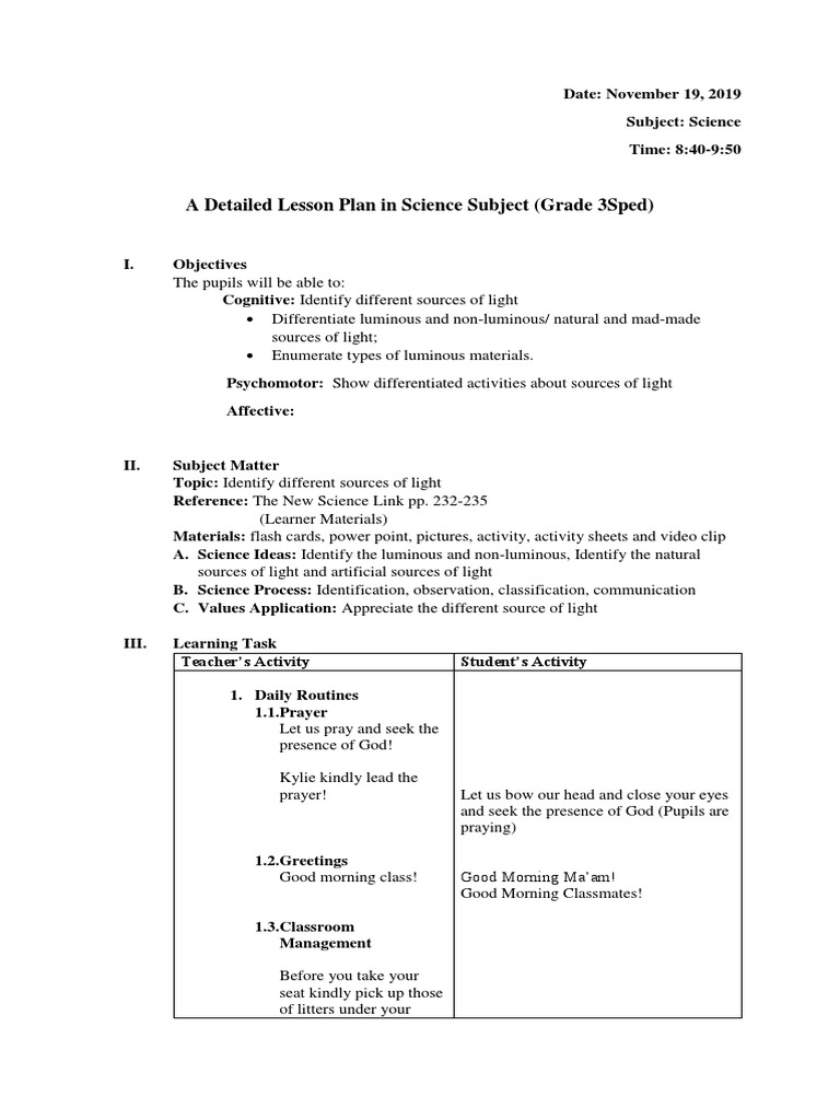 A Detailed Lesson Plan in Science Subject (Grade 3sped) | PDF ...