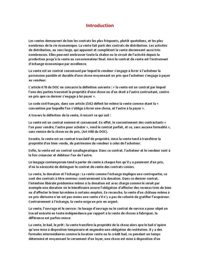 Intro Contrat De Vente Sodles Economie