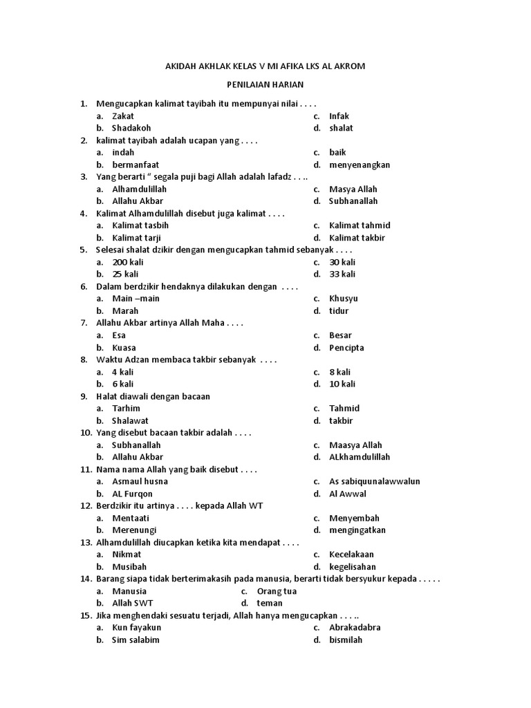 Akidah Akhlak Kelas V Mi Lks Al Akrom 2 Docx