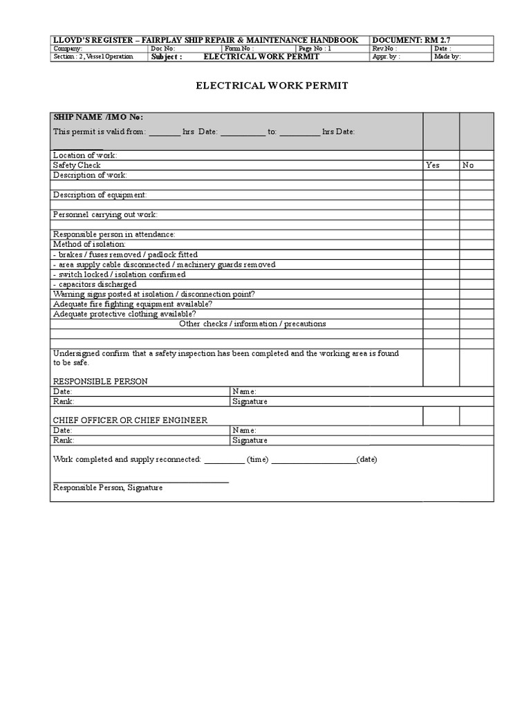 Electrical Work Permit Template for Ships | PDF