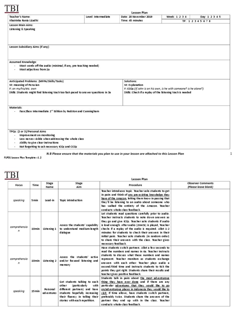 Intermediate English Lesson Plan | PDF | Reading Comprehension | Lesson ...