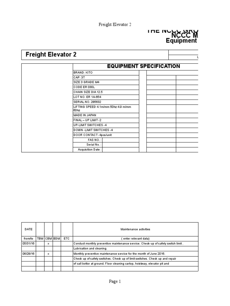 Equipment History Record Freight Elevator 2 The NCCC Group of