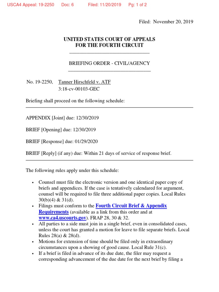 Hirschfeld V ATF Briefing Order | PDF | Brief (Law) | United States Law