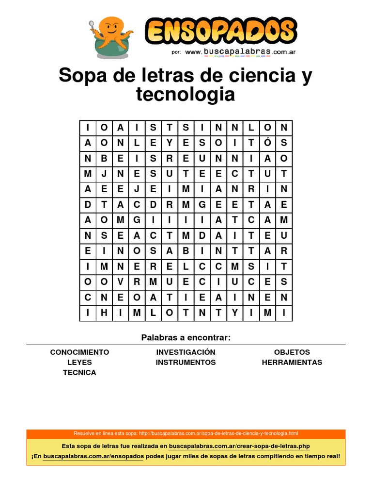 Sopa de letras de ciencia y tecnologia Palabras a encontrar