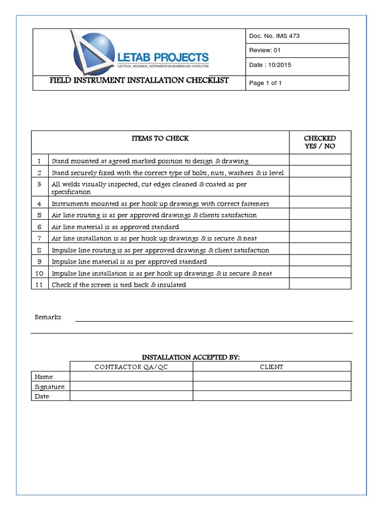 Field Instrument Installation Checklist | PDF