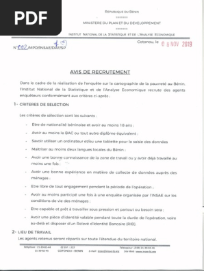 Avis De Recrutement L Enquete Sur La Cartographie De La Pauvrete Au Benin Pdf