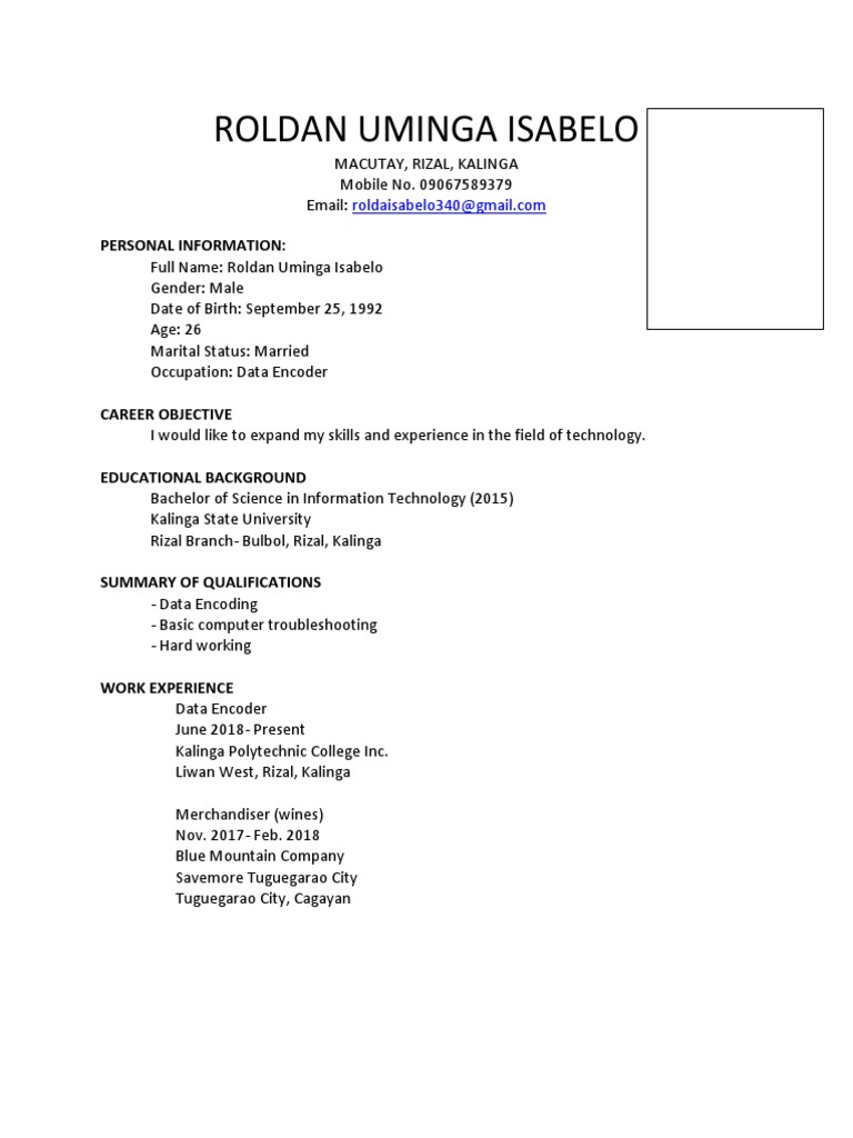 Data Encoder Resume - Roldan Isabelo | PDF | Career & Growth