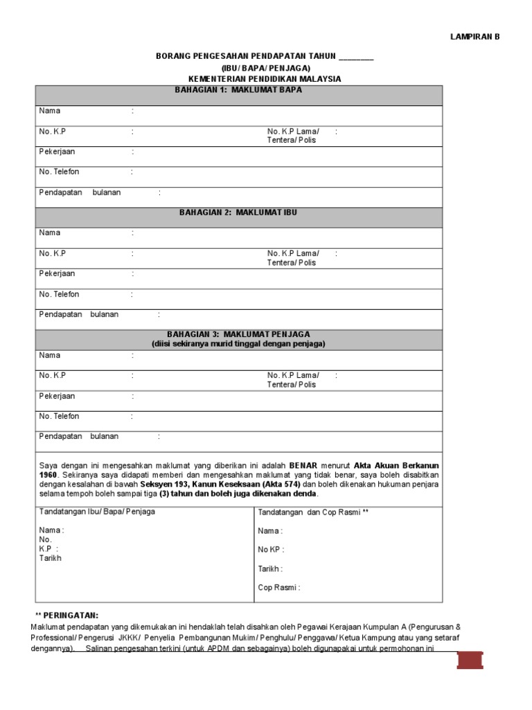 Borang Pengesahan Pendapatan Lampiran B Pdf
