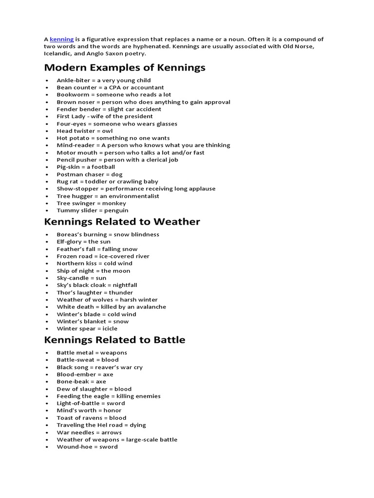 Modern Examples of Kennings Kenning PDF Norse Mythology Germanic