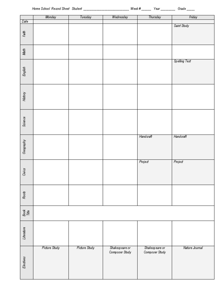 Home School Weekly Record Sheet | PDF