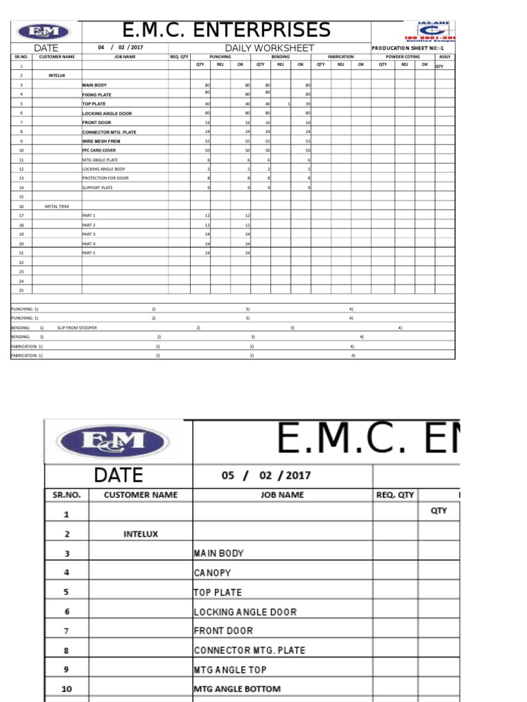 Daily Production Worksheet for E.M.C. | PDF | Building Materials | Metals