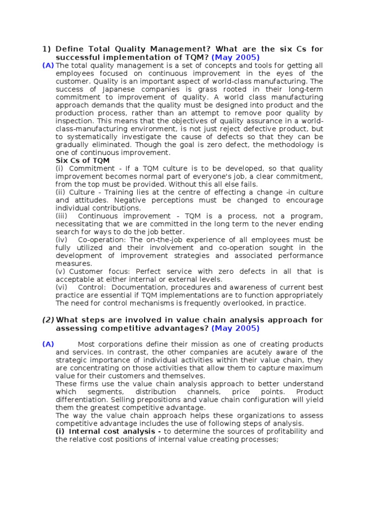 1) Define Total Quality Management? What Are The Six Cs For Successful ...