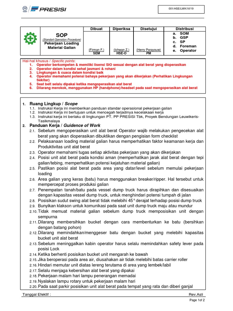 A. SOP Pekerjaan Loading Material Galian | PDF